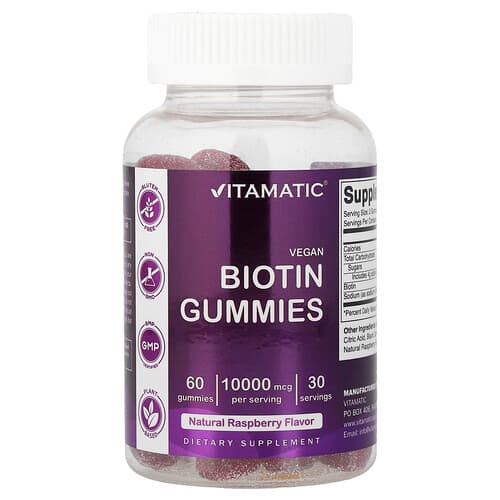 Vitamatic, Vegan Biotin Gummies, Natural Raspberry, 60 Gummies